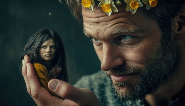 A man wearing a wreath of narcissus holds a small woman in his hand.	