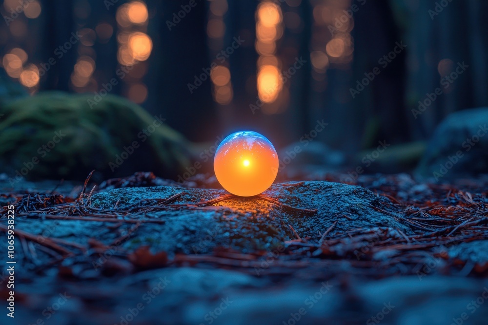 Poster Luminous Sphere Resting on a Rock in a Forest