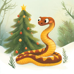 Fototapeta premium A Cute Watercolor Snake Curiously Explores a Decorated Christmas Tree in a Winter Setting
