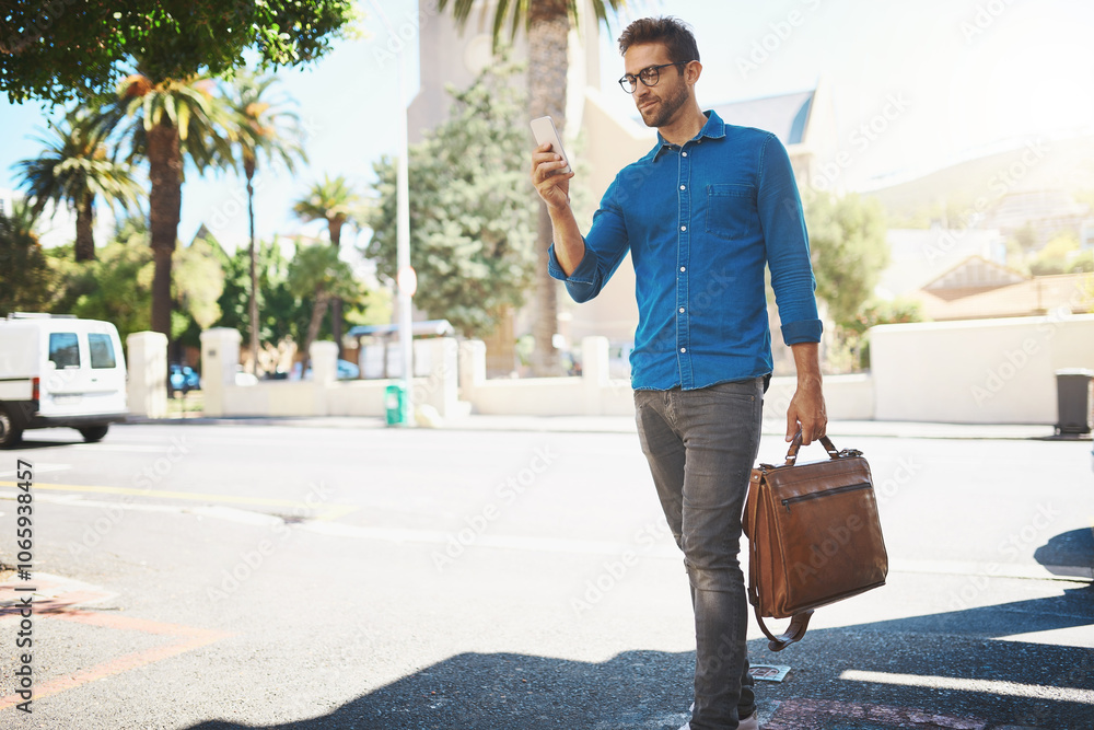 Poster man, worker and phone for message in city, contact and travel consultant with guide app in town. mal