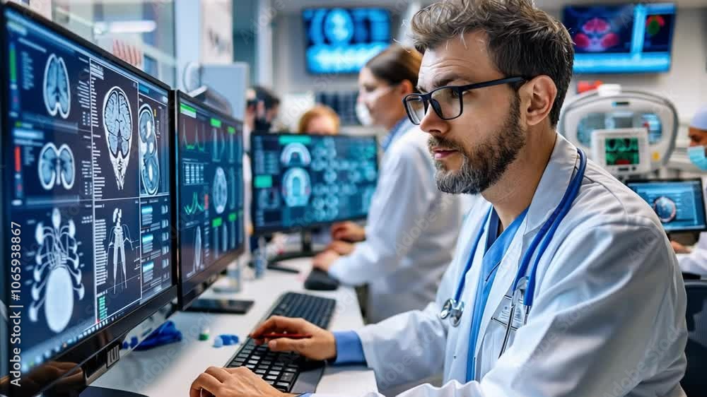 Aufkleber a team of medical professionals reviews complex patient scans displayed on several monitors inside a