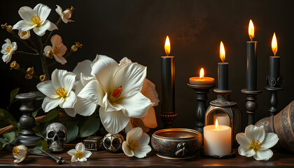 Obraz premium White flowers, black candles and mystic objects. Occult, esoteric and divination still life. Halloween background with vintage objects and magic ritual isolated with white highlights, png