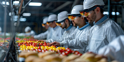 Food Production Workers Inspecting Fresh Produce, Quality Control in Food Processing Facility

