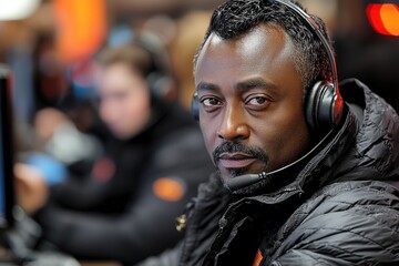 Fototapeta premium Close-up Portrait of a Man Wearing Headphones and a Black Jacket