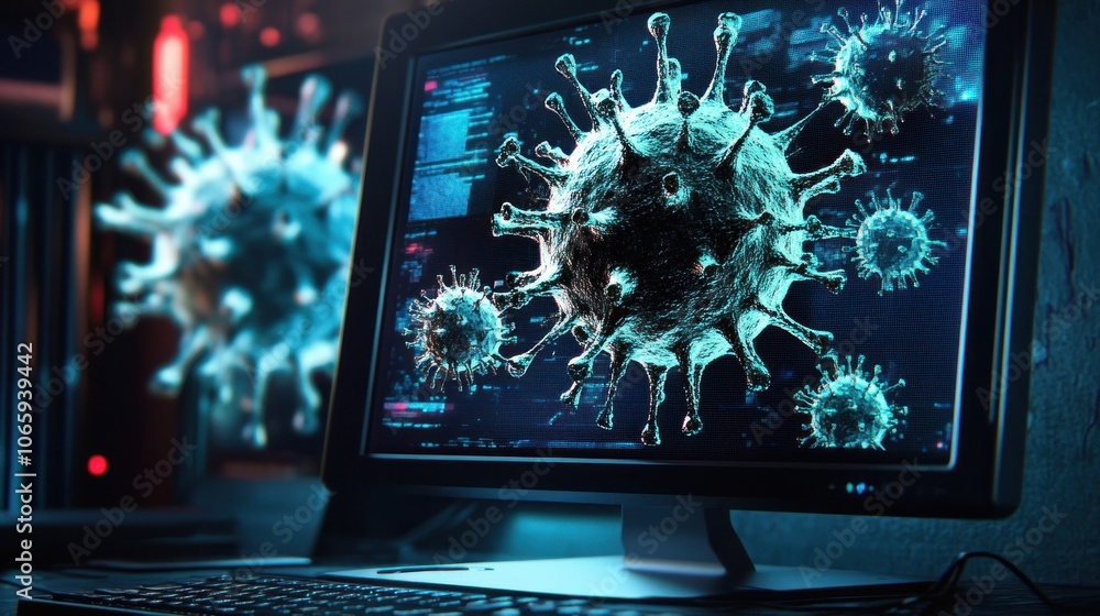 Poster a computer screen displaying a 3d visualization of a virus, highlighting scientific research.