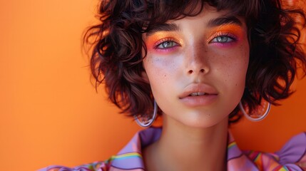 Fototapeta premium Young woman with short curly hair, orange background, bold and colorful eye makeup, close-up beauty portrait, modern and artistic look, glowing skin, fashion and creative style, confident expression