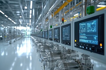 Obraz premium Industrial Control Panel and Stainless Steel Equipment in a Modern Factory