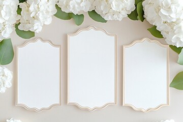 Elegant triple-frame wedding invitation layout with floral accents for a timeless celebration