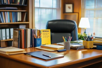 Well-Organized Teacher’s Desk with Books, Colorful Pencils, and Stationery by Sunlit Window, Creating a Cozy and Productive Workspace