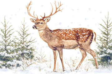 Obraz premium Beautiful deer in a winter forest. Watercolor illustration. White background.