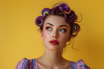 Naklejka premium Young woman with colorful curlers in hair, bold red lipstick, stylish makeup, retro-inspired look, bright yellow background, fashion and beauty concept, close-up portrait, modern twist on vintage