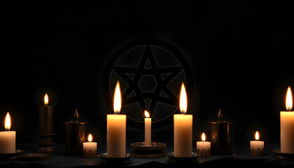 Pentagram symbol and candles. Black magic ritual or spell with occult and esoteric symbols.  isolated with white highlights, png