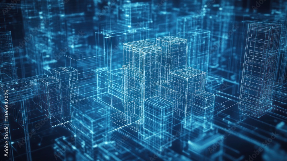 Poster a digital representation of a futuristic cityscape with transparent buildings and structures.
