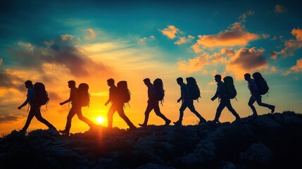 Fototapeta premium Silhouettes of hikers walking uphill during a sunset.