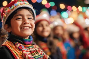 Fototapeta premium Latin american girl smiling at christmas festivities with colorful lights