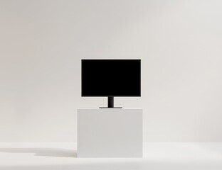 modern minimalist black computer monitor on white pedestal