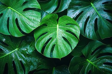 Fototapeta premium Lush Green Monstera Leaves with Water Droplets