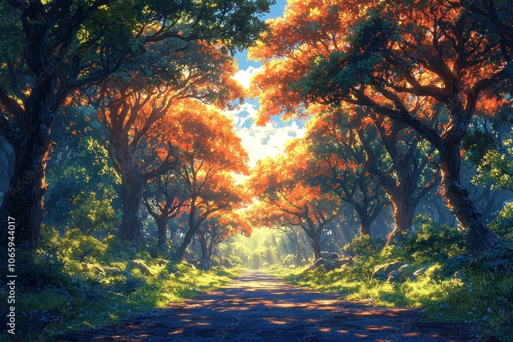 Poster sunlit path through an autumnal forest
