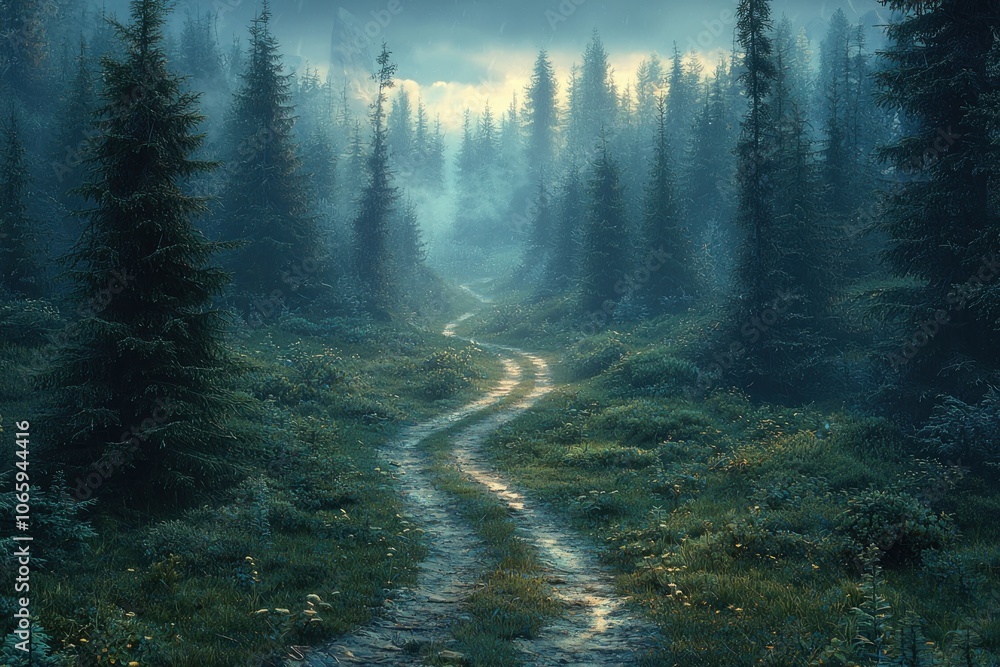 Poster A Winding Path Through a Misty Evergreen Forest