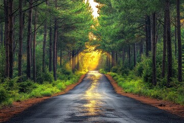 Fototapeta premium A Paved Road Through A Dense Pine Forest With Golden Light Filtering Through The Trees