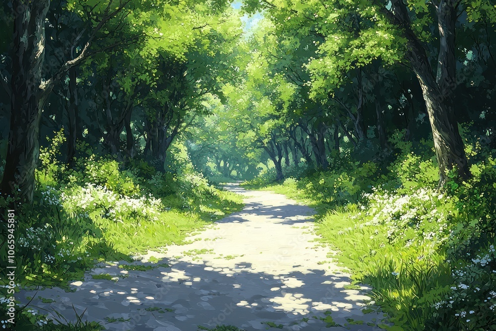 Poster a sun-dappled path through a lush green forest