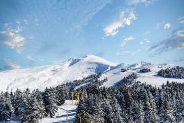 The highest peak of the mountain in Uludağ ski resort.  Uludağ is the most important ski resort in Turkey. © Bulent