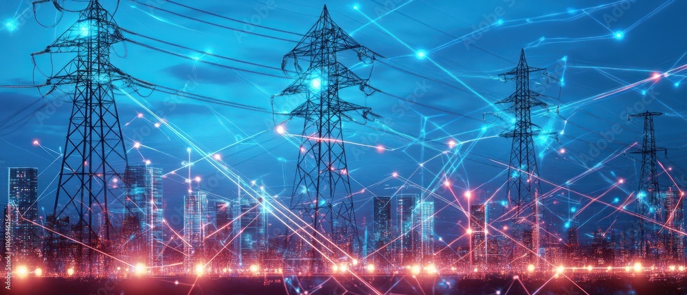 Poster a futuristic view of power lines and cityscape with digital connections.