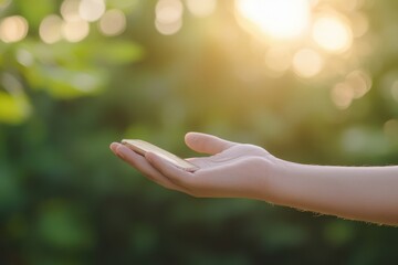 Hands holding a smartphone against a blurred natural background with sunlight