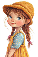 An adorable cute girl character dressed in a colorful floral dress and wearing a lovely hat