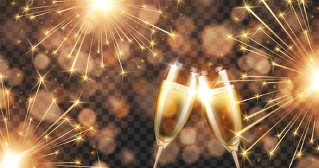 Fireworks, bokeh lights effect and champagne or white wine glasses isolated on transparent background. Vector golden New Year salute sparkle banner with golden fizzy drink wineglasses