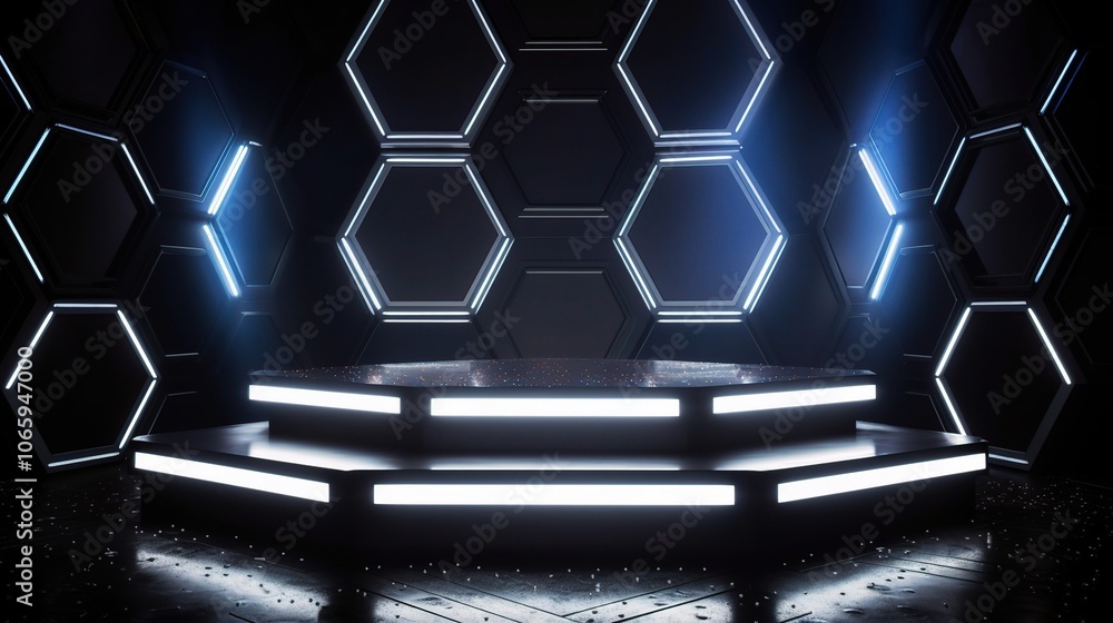 Poster modern 3d stage with hexagonal patterns and lights