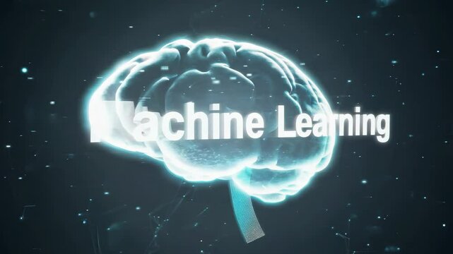 A brain with the words Machine Learning written below it. The image has a futuristic and technological feel to it