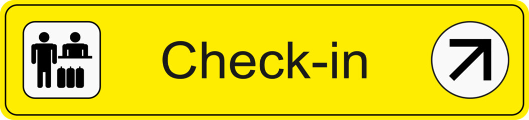 Yellow and black vector graphic of airport information terminal sign showing the direction of the check in desk