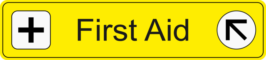 Obraz premium Yellow and black vector graphic of airport information terminal sign showing the direction of the first aid room