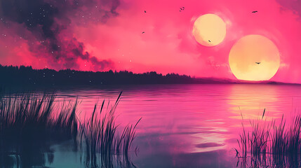 Sunset over the lake. surreal dreamscape abstract landscape. Dreamscape. Illustration