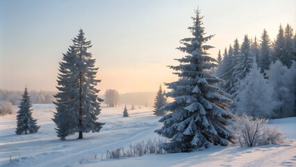 Winter landscape with snowy pine trees
