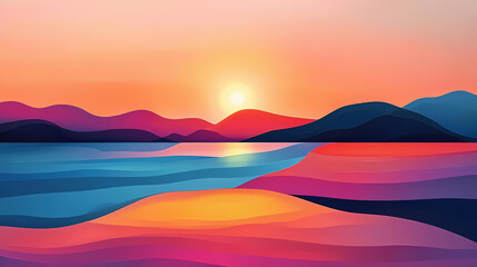 Sunset over the lake. surreal dreamscape abstract landscape. Dreamscape. Illustration