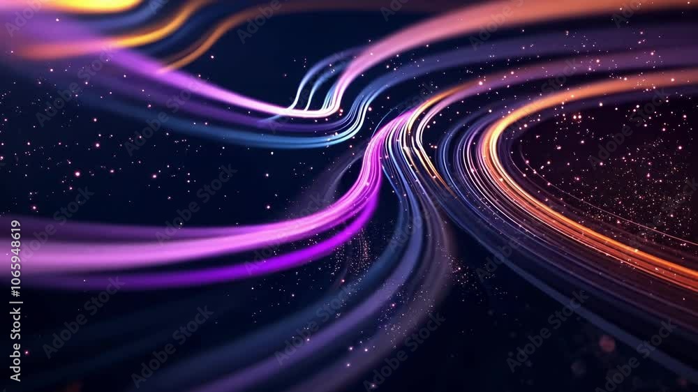 Poster vibrant light trails flow gracefully across a dark background with multiple colors blending seamless