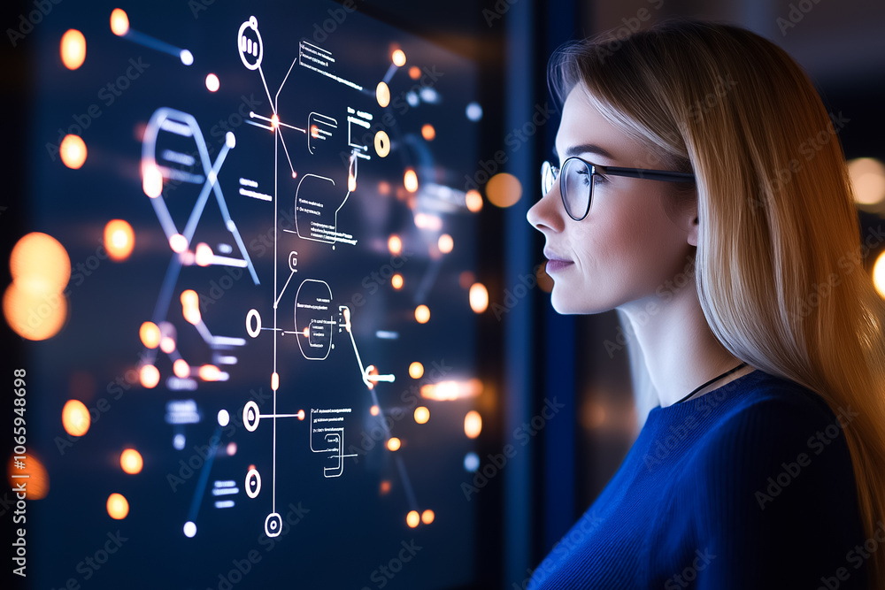 Poster a young woman examines intricate data visualizations displayed on a screen in a dimly lit workspace
