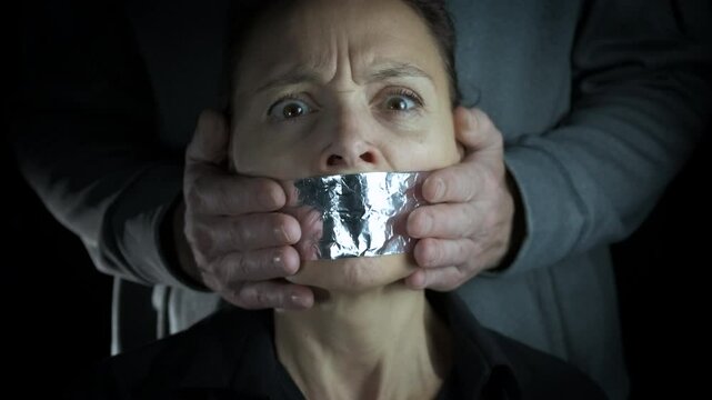 Abusive husband close mouth. A view of abusive man's hand put the tape on the female mouth on the black background.