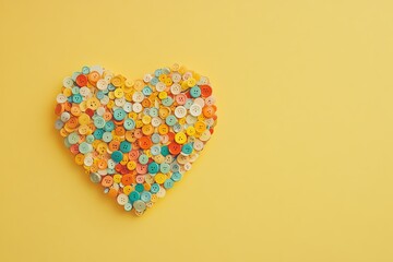 C&oelig;ur multicolore de boutons sur fond jaune.