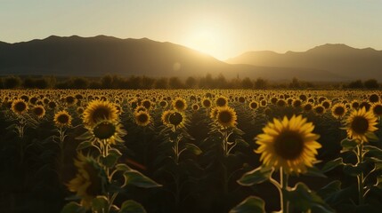 Fototapeta premium Sunflower Field at Sunrise with Mountain Backdrop