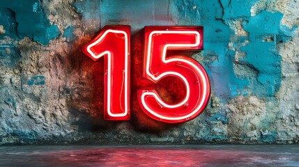 Number 15 Neon Sign on Grunge Wall, Concept for Birthday, Anniversary, Celebration, Discount.