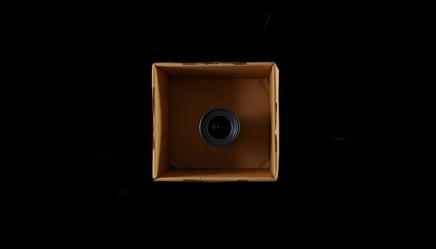 Camera flash in box on black background isolated with white highlights, png