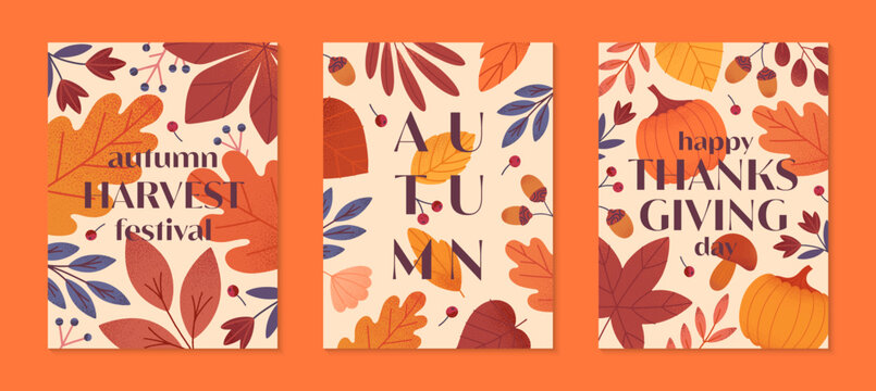 Autumn thanksgiving and harvest poster with leaves,berries,plants in fall colors.Vector autum seasonal illustrations.Trendy fall templates for prints,ad,smm,banners,invitations,covers