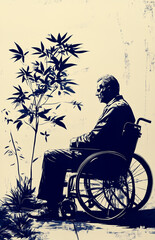 Obraz premium Homme âgé en fauteuil roulant dans un jardin japonais : image du handicap, de la dépendance et du vieillissement