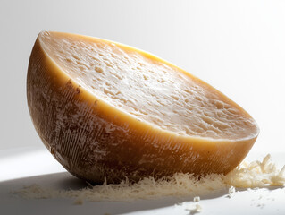 Meule tranchée de fromage parmesan de qualité sur fond blanc, produit artisanal italien