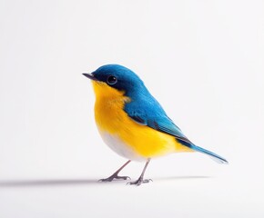 Fototapeta premium Vibrant blue and yellow bird perched on a white background