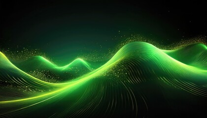 A flowing green digital wave with particles and dynamic lighting in a futuristic setting.
