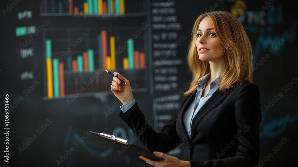 Aufkleber a professional woman presenting data with a pointer in a business setting.
